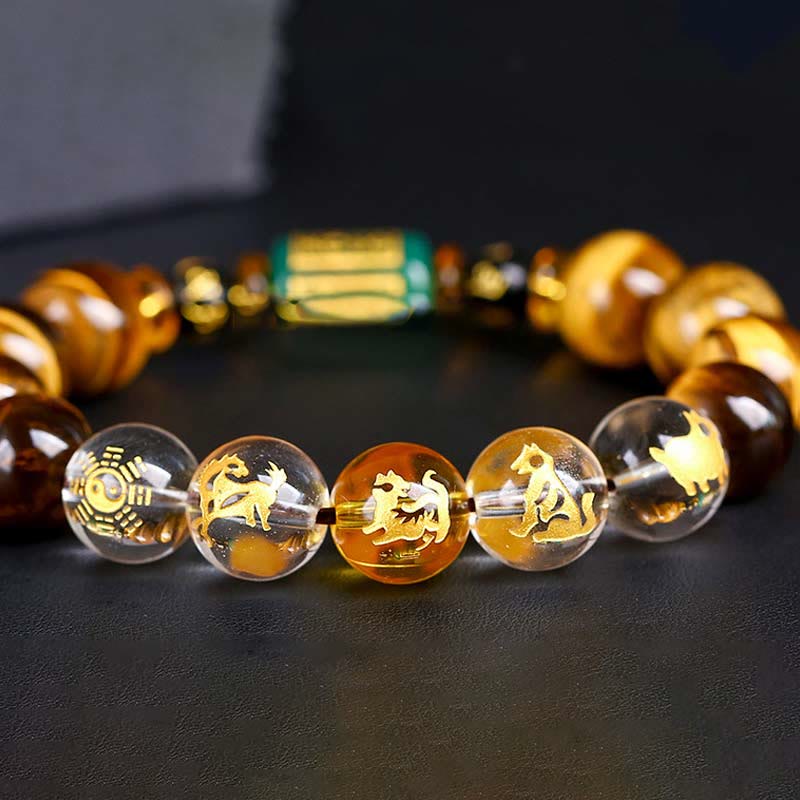 Fortune Jewel Chinese Zodiac Tiger Eye White Crystal Courage Bracelet