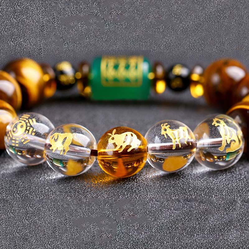 Fortune Jewel Chinese Zodiac Tiger Eye White Crystal Courage Bracelet