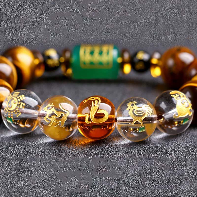 Fortune Jewel Chinese Zodiac Tiger Eye White Crystal Courage Bracelet