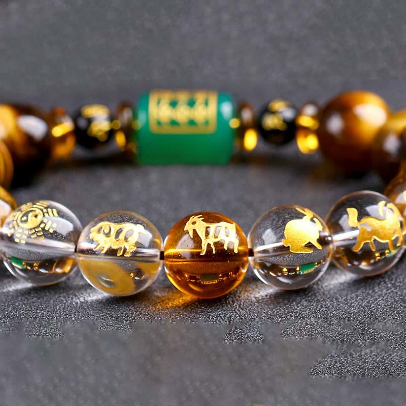 Fortune Jewel Chinese Zodiac Tiger Eye White Crystal Courage Bracelet