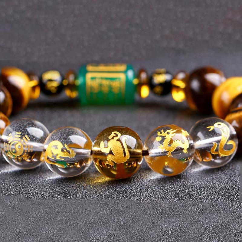 Fortune Jewel Chinese Zodiac Tiger Eye White Crystal Courage Bracelet