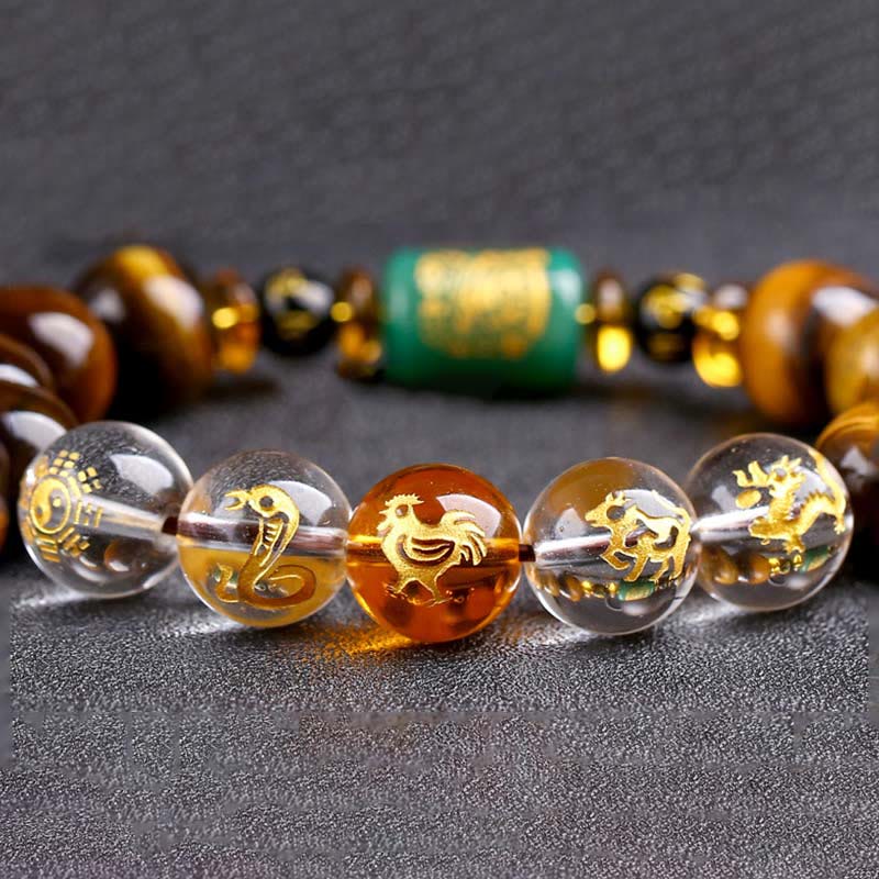 Fortune Jewel Chinese Zodiac Tiger Eye White Crystal Courage Bracelet