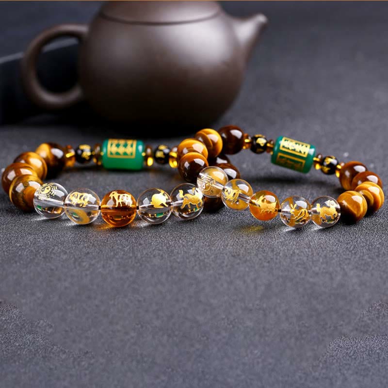 Fortune Jewel Chinese Zodiac Tiger Eye White Crystal Courage Bracelet