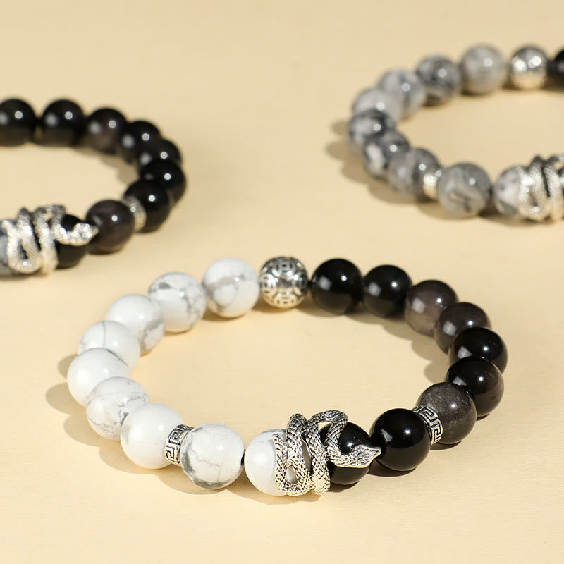 Fortune Jewel Natural Silver Sheen Obsidian White Turquoise Grey Jasper Snowflake Obsidian Year Of The Snake Protection Bracelet