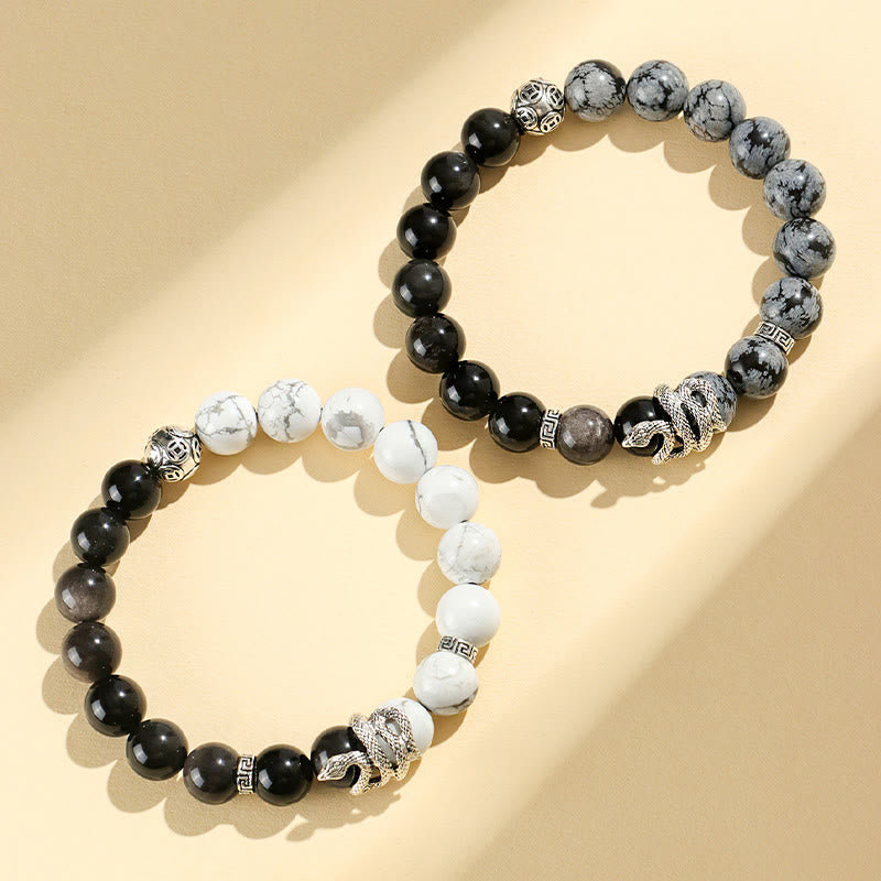 Fortune Jewel Natural Silver Sheen Obsidian White Turquoise Grey Jasper Snowflake Obsidian Year Of The Snake Protection Bracelet