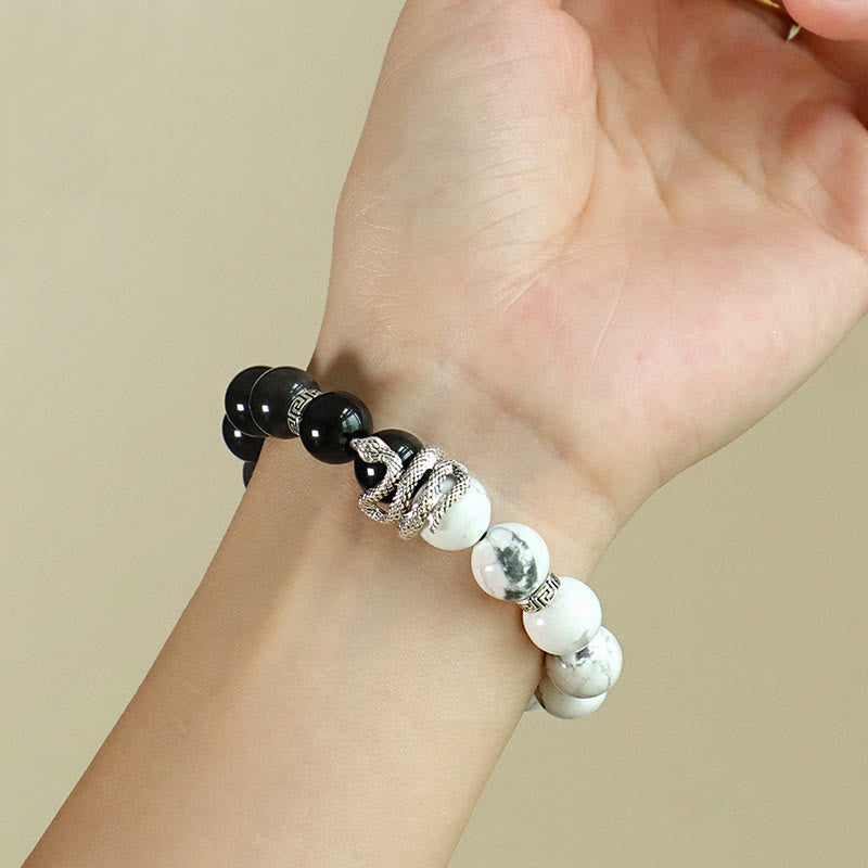 Fortune Jewel Natural Silver Sheen Obsidian White Turquoise Grey Jasper Snowflake Obsidian Year Of The Snake Protection Bracelet