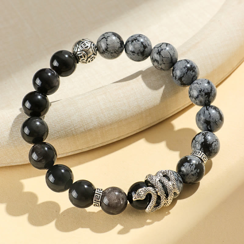 Fortune Jewel Natural Silver Sheen Obsidian White Turquoise Grey Jasper Snowflake Obsidian Year Of The Snake Protection Bracelet