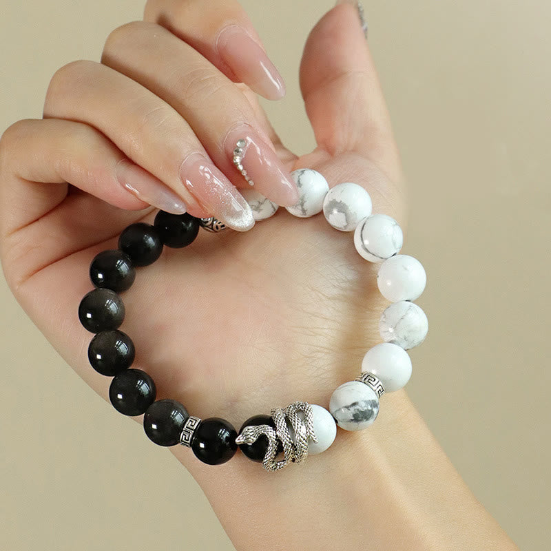 Fortune Jewel Natural Silver Sheen Obsidian White Turquoise Grey Jasper Snowflake Obsidian Year Of The Snake Protection Bracelet