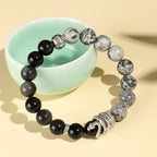 Fortune Jewel Natural Silver Sheen Obsidian White Turquoise Grey Jasper Snowflake Obsidian Year Of The Snake Protection Bracelet