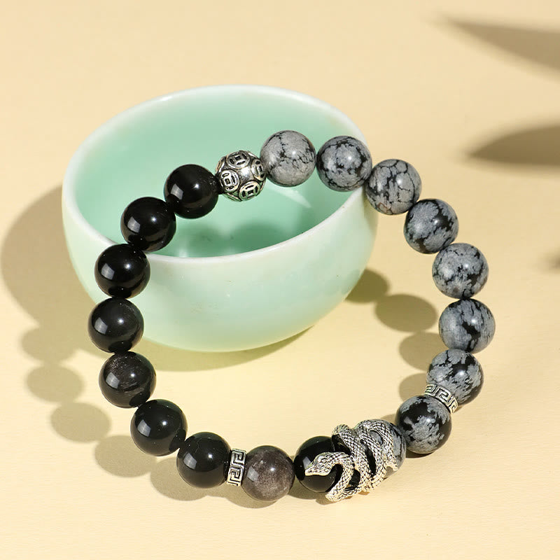 Fortune Jewel Natural Silver Sheen Obsidian White Turquoise Grey Jasper Snowflake Obsidian Year Of The Snake Protection Bracelet