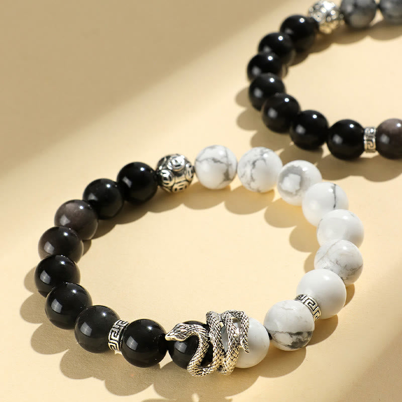 Fortune Jewel Natural Silver Sheen Obsidian White Turquoise Grey Jasper Snowflake Obsidian Year Of The Snake Protection Bracelet