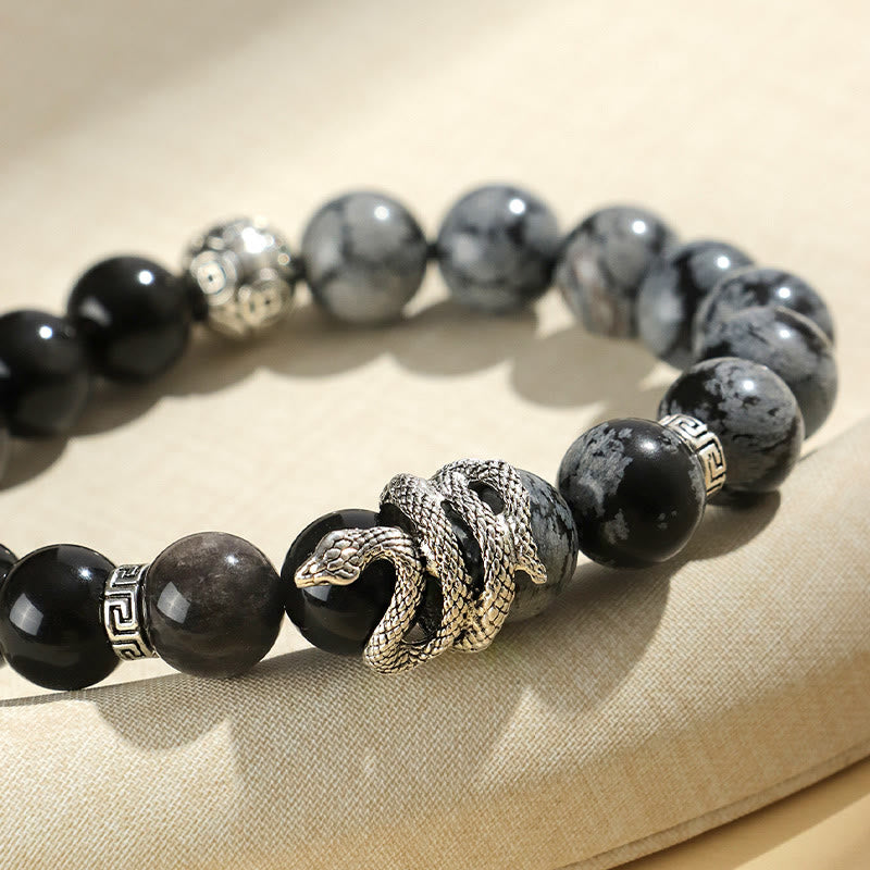 Fortune Jewel Natural Silver Sheen Obsidian White Turquoise Grey Jasper Snowflake Obsidian Year Of The Snake Protection Bracelet