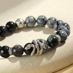 Fortune Jewel Natural Silver Sheen Obsidian White Turquoise Grey Jasper Snowflake Obsidian Year Of The Snake Protection Bracelet