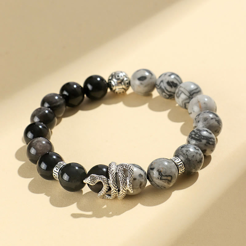 Fortune Jewel Natural Silver Sheen Obsidian White Turquoise Grey Jasper Snowflake Obsidian Year Of The Snake Protection Bracelet