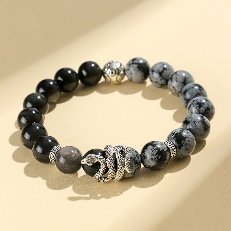 Fortune Jewel Natural Silver Sheen Obsidian White Turquoise Grey Jasper Snowflake Obsidian Year Of The Snake Protection Bracelet