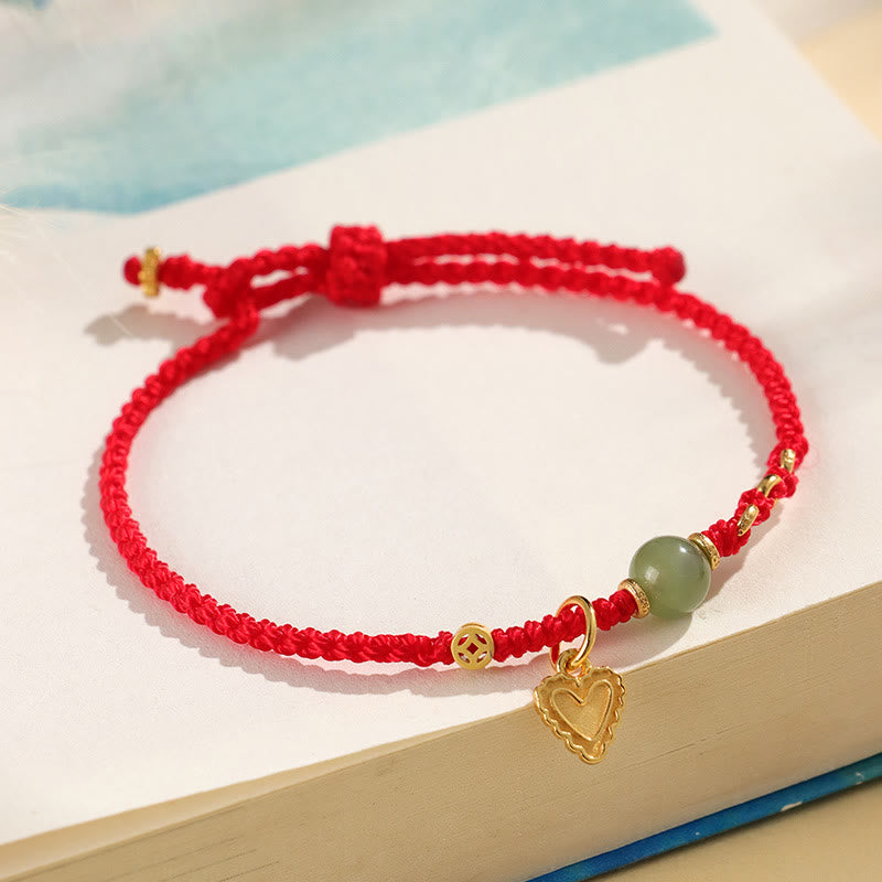 Fortune Jewel 925 Sterling Silver Hetian Jade Bead Copper Coin Love Heart Charm Luck Bracelet