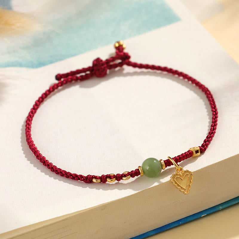 Fortune Jewel 925 Sterling Silver Hetian Jade Bead Copper Coin Love Heart Charm Luck Bracelet