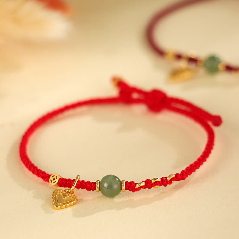 Fortune Jewel 925 Sterling Silver Hetian Jade Bead Copper Coin Love Heart Charm Luck Bracelet