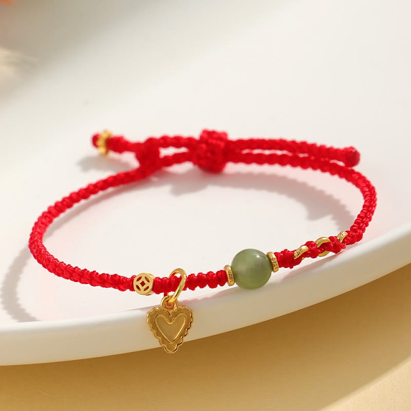 Fortune Jewel 925 Sterling Silver Hetian Jade Bead Copper Coin Love Heart Charm Luck Bracelet