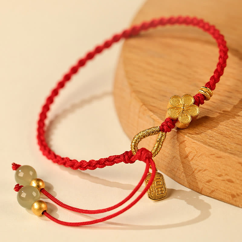 Fortune Jewel Hetian Jade Small Peach Blossom Fu Character Charm Luck String Bracelet