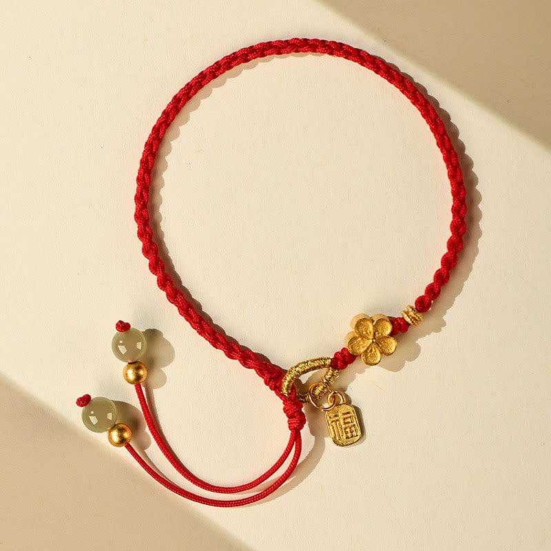 Fortune Jewel Hetian Jade Small Peach Blossom Fu Character Charm Luck String Bracelet