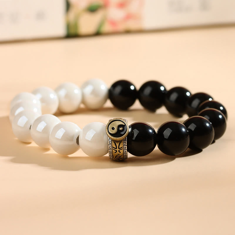 Fortune Jewel Black Obsidian White Porcelain Beads Yin Yang Fulfilment Bracelet