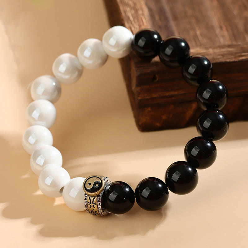 Fortune Jewel Black Obsidian White Porcelain Beads Yin Yang Fulfilment Bracelet