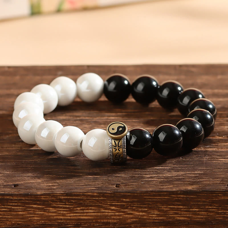 Fortune Jewel Black Obsidian White Porcelain Beads Yin Yang Fulfilment Bracelet