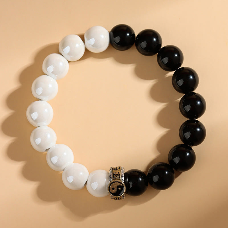 Fortune Jewel Black Obsidian White Porcelain Beads Yin Yang Fulfilment Bracelet