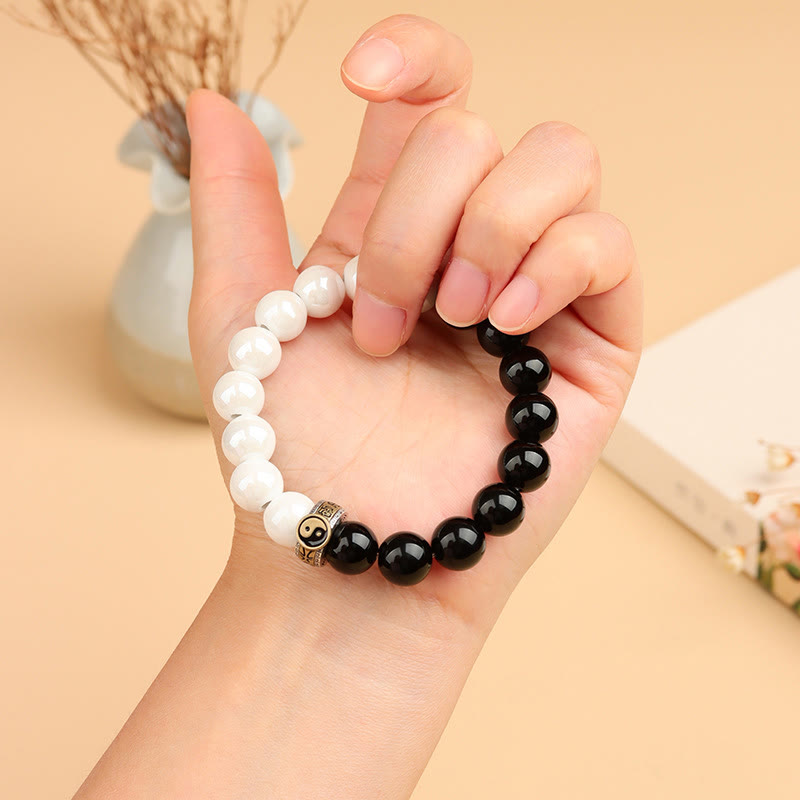 Fortune Jewel Black Obsidian White Porcelain Beads Yin Yang Fulfilment Bracelet