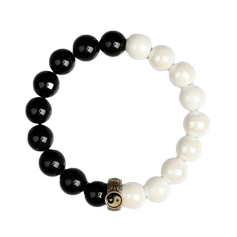 Fortune Jewel Black Obsidian White Porcelain Beads Yin Yang Fulfilment Bracelet