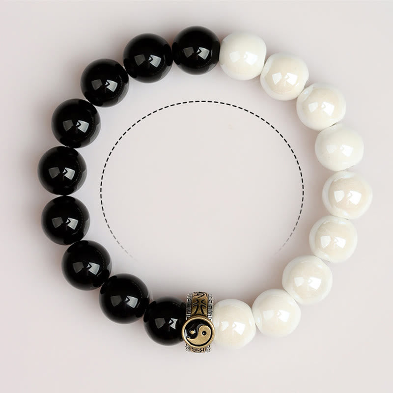 Fortune Jewel Black Obsidian White Porcelain Beads Yin Yang Fulfilment Bracelet