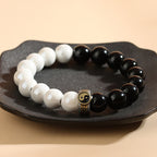 Fortune Jewel Black Obsidian White Porcelain Beads Yin Yang Fulfilment Bracelet