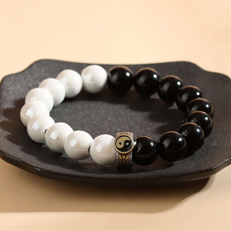Fortune Jewel Black Obsidian White Porcelain Beads Yin Yang Fulfilment Bracelet