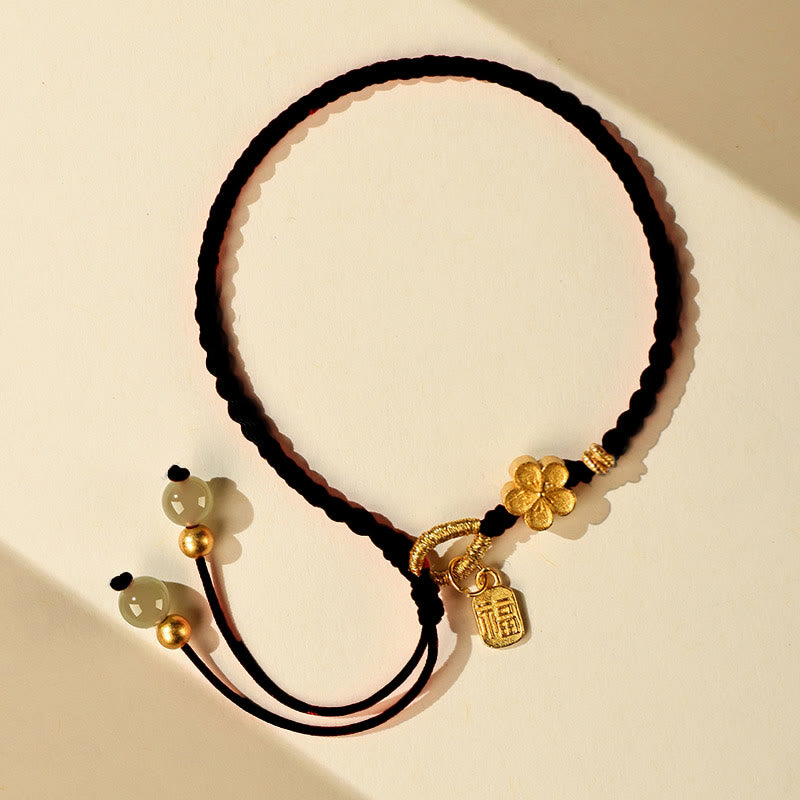 Fortune Jewel Hetian Jade Small Peach Blossom Fu Character Charm Luck String Bracelet