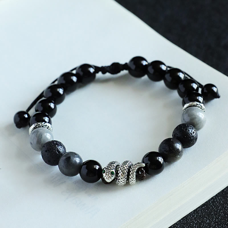 Fortune Jewel Black Onyx Black Glitter Stone White Agate White Turquoise Year Of The Snake Protection Bracelet