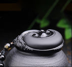Fortune Jewel Natural Black Obsidian PiXiu Oval Pattern Strength Necklace Pendant