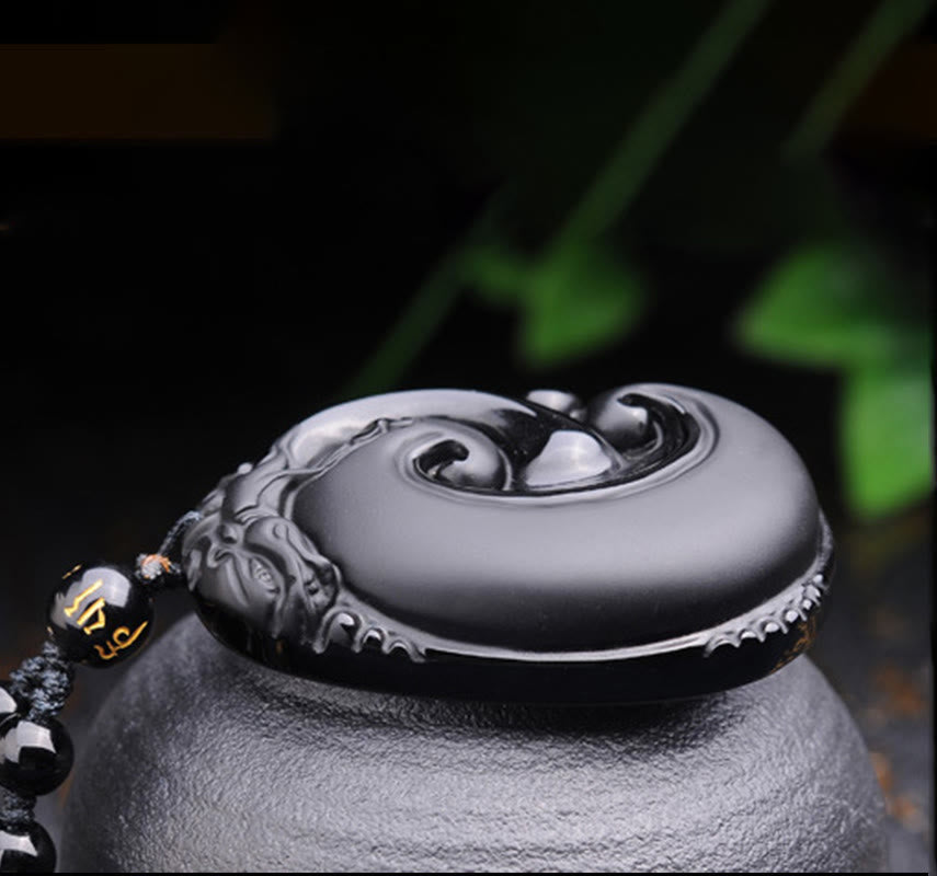 Fortune Jewel Natural Black Obsidian PiXiu Oval Pattern Strength Necklace Pendant