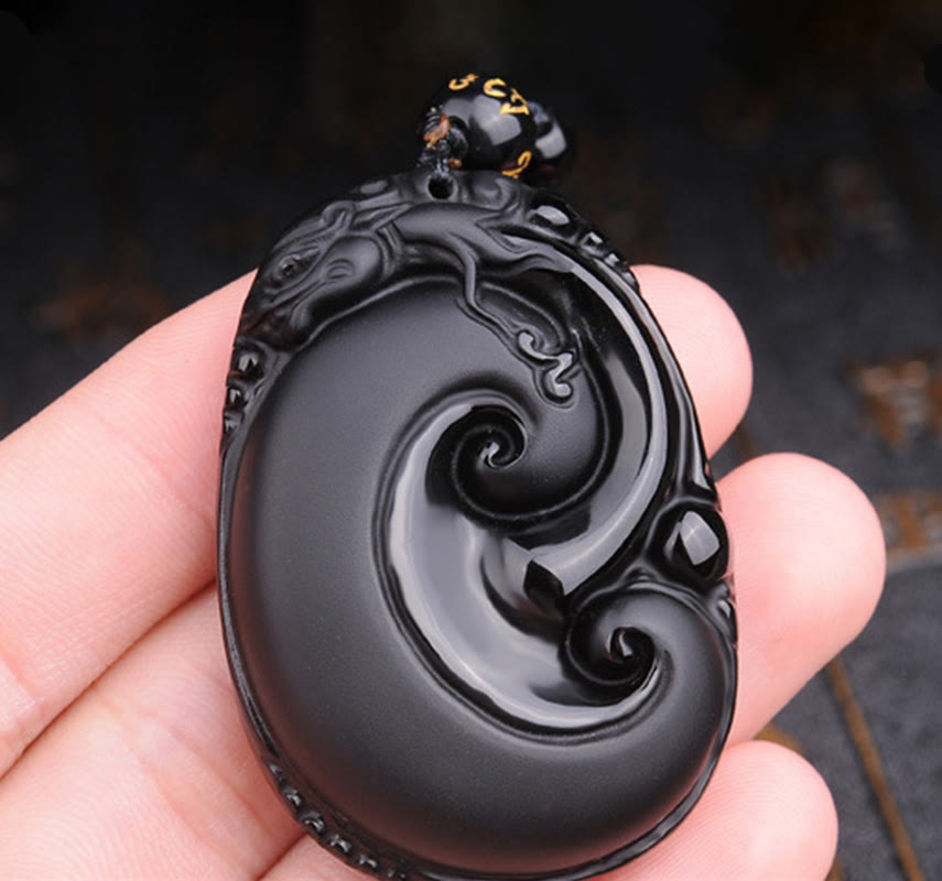 Fortune Jewel Natural Black Obsidian PiXiu Oval Pattern Strength Necklace Pendant