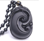 Fortune Jewel Natural Black Obsidian PiXiu Oval Pattern Strength Necklace Pendant