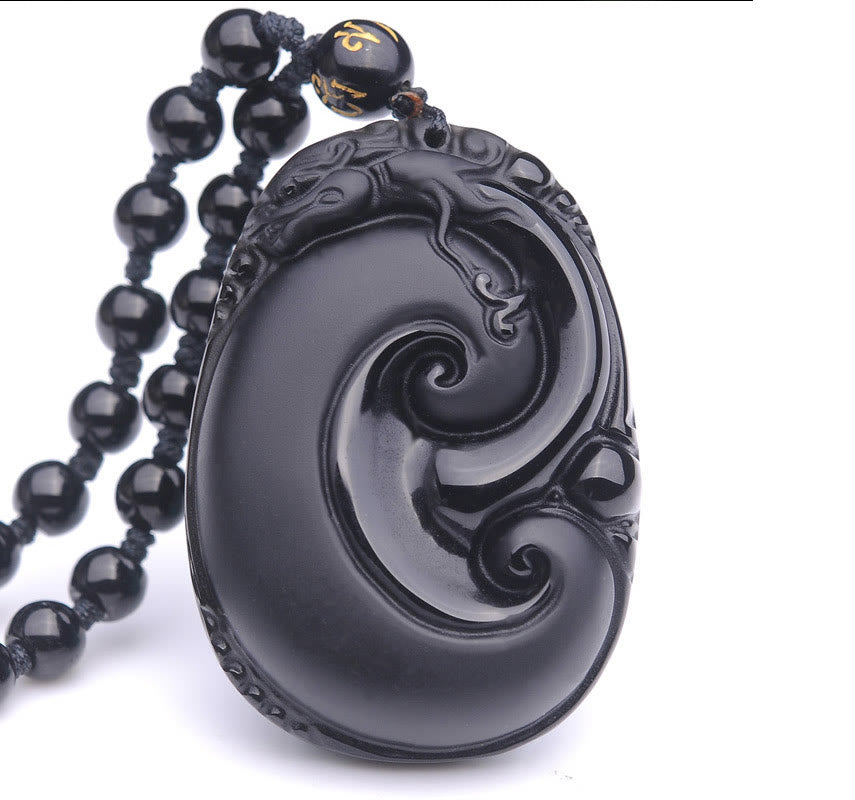 Fortune Jewel Natural Black Obsidian PiXiu Oval Pattern Strength Necklace Pendant