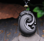 Fortune Jewel Natural Black Obsidian PiXiu Oval Pattern Strength Necklace Pendant