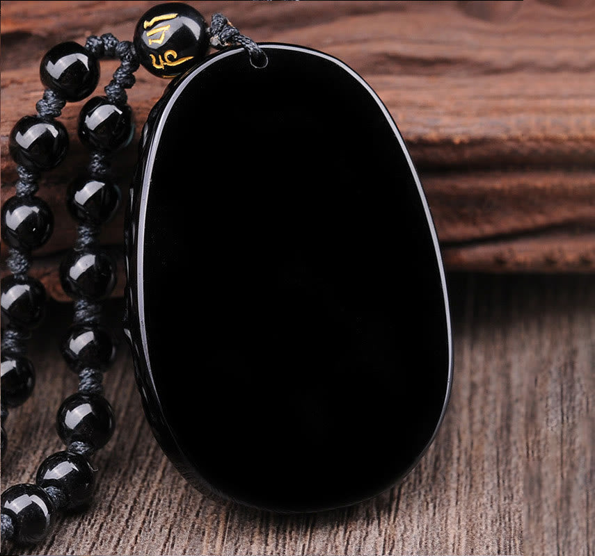 Fortune Jewel Natural Black Obsidian PiXiu Oval Pattern Strength Necklace Pendant