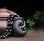 Fortune Jewel Natural Black Obsidian PiXiu Oval Pattern Strength Necklace Pendant