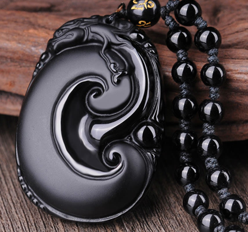 Fortune Jewel Natural Black Obsidian PiXiu Oval Pattern Strength Necklace Pendant