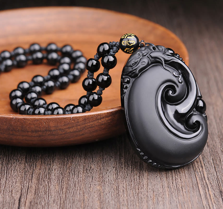 Fortune Jewel Natural Black Obsidian PiXiu Oval Pattern Strength Necklace Pendant