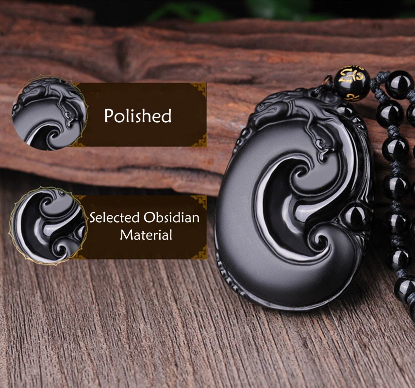 Fortune Jewel Natural Black Obsidian PiXiu Oval Pattern Strength Necklace Pendant