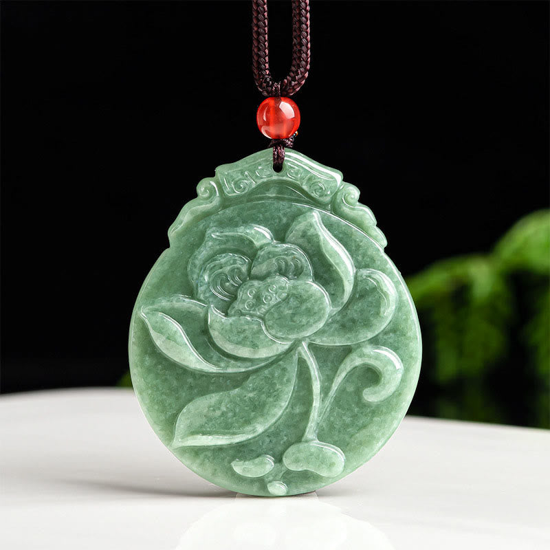 Fortune Jewel Round Lotus Pattern Jade Abundance Prosperity Necklace Rope Pendant Fortune Jewel