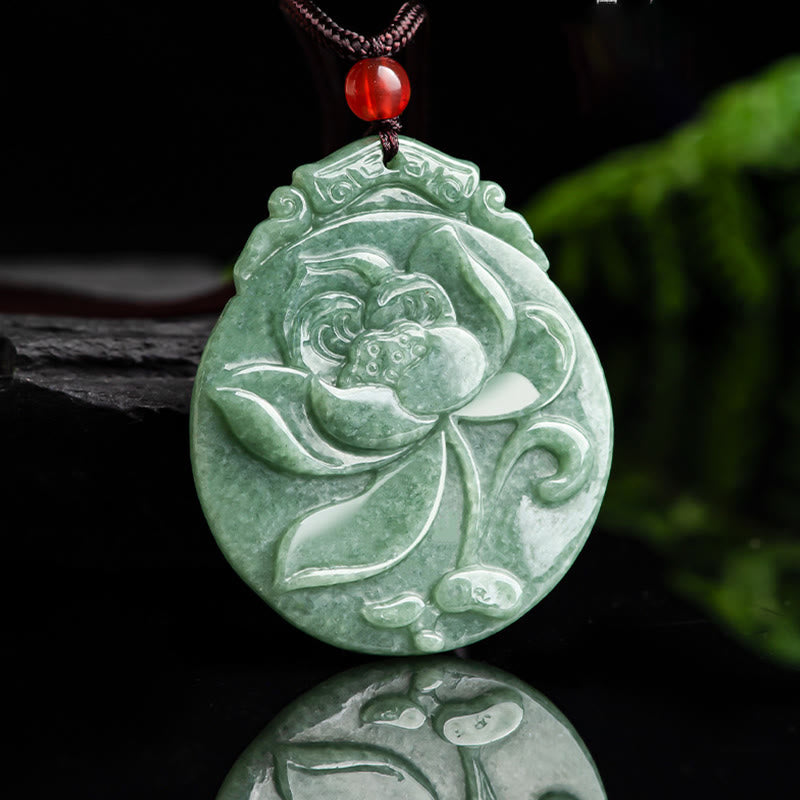 Fortune Jewel Round Lotus Pattern Jade Abundance Prosperity Necklace Rope Pendant Fortune Jewel