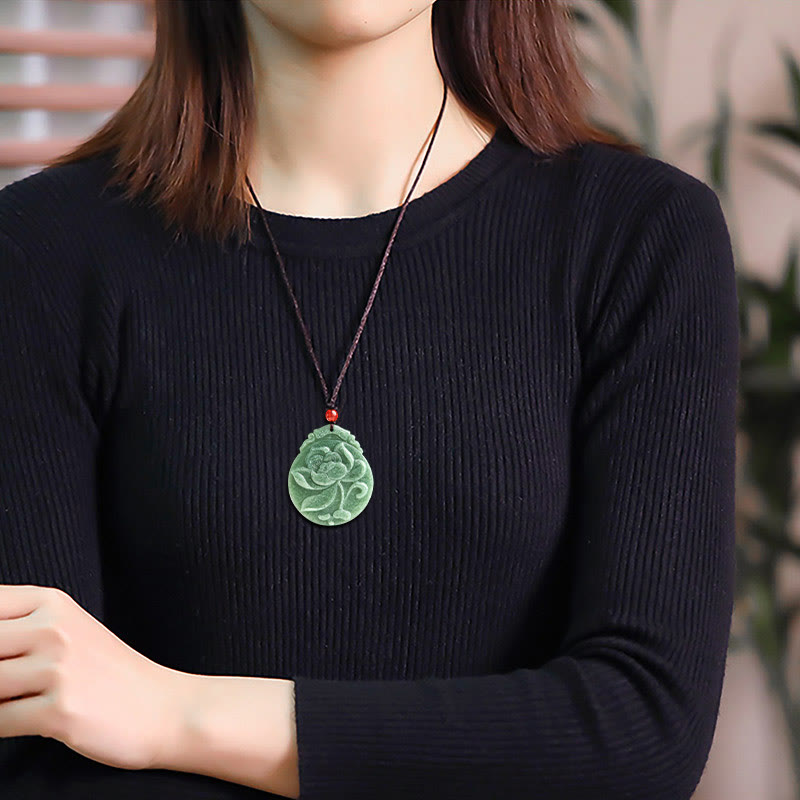 Fortune Jewel Round Lotus Pattern Jade Abundance Prosperity Necklace Rope Pendant Fortune Jewel